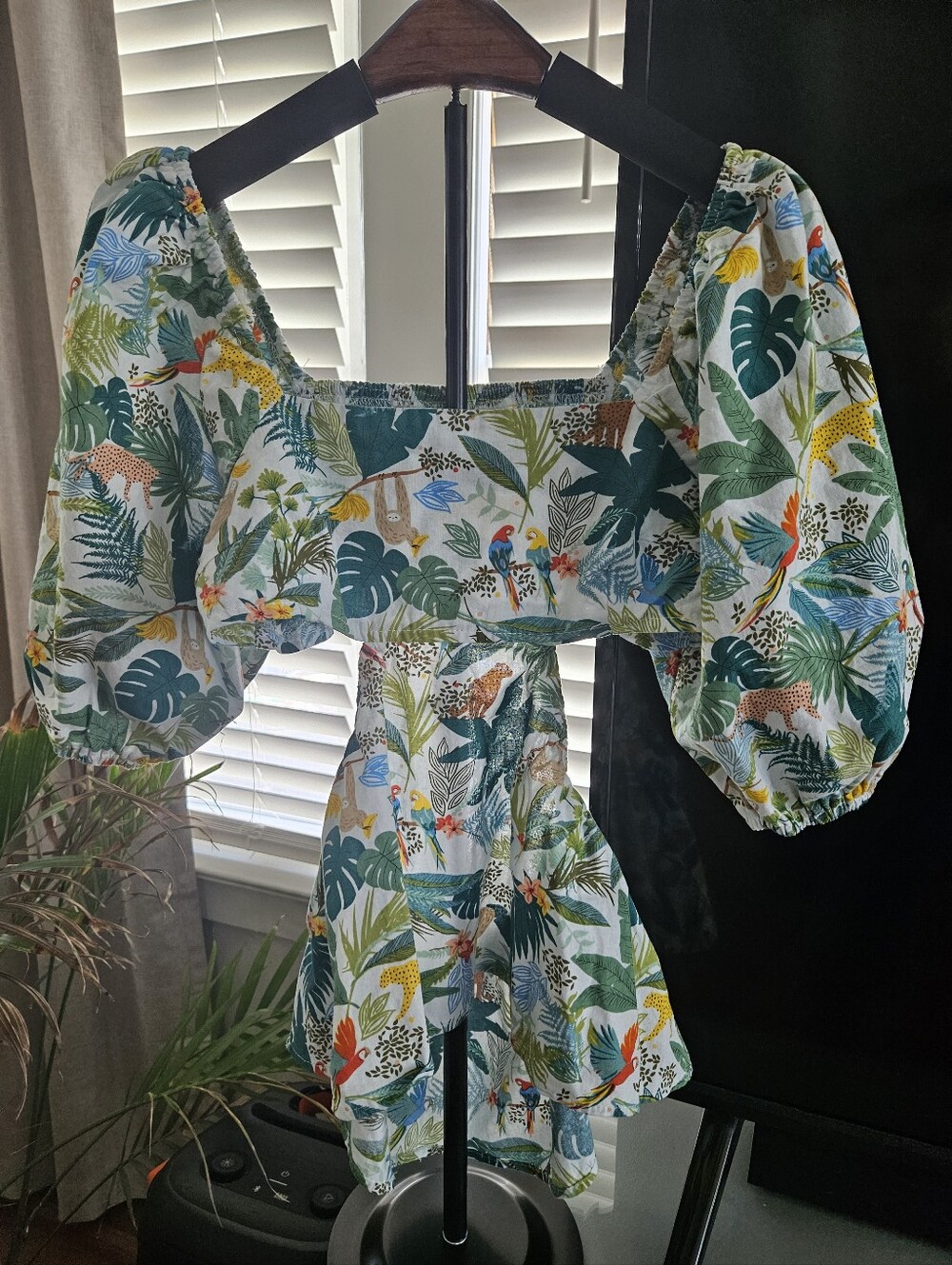 Tropical Off-Shoulder Puff Sleeve Blouse - Multicolor with open back.